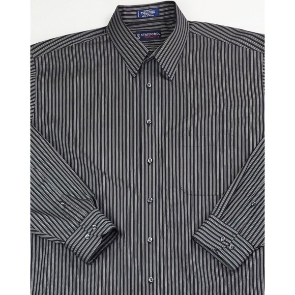 Stafford Performance X-Tall Sz 18 36-37 Black Gray White Stripe Broadcloth Shirt - Picture 9 of 9